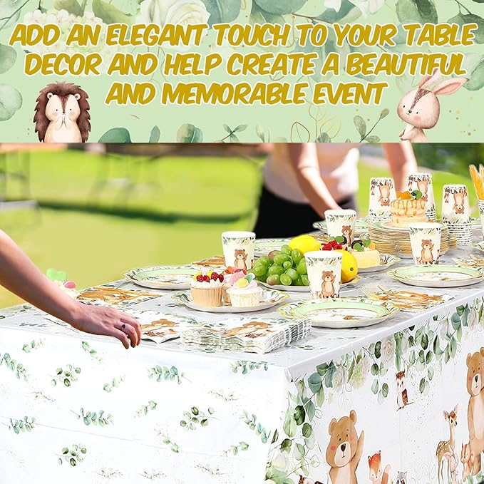 Potchen 452 Pcs Party Supplies Serve 50 Guests, Paper Plates Napkins Cups Cutlery Plastic Tablecloth Dinnerware for Birthday Wedding Party Decoration (Sage Green, Woodland)