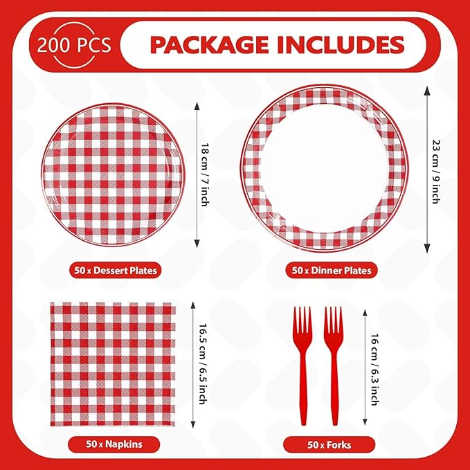 200Pcs Red Gingham Party Supplies Red and White Checkered Buffalo Plaid Plates and Napkins Disposable Gingham Tableware Set for Summer Pizza BBQ Picnic Baby Shower Birthday Party Decorations Serves 50