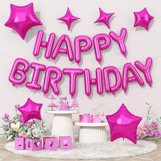 Happy Birthday Balloon Banner Hot Pink, 16 Inch Mylar Foil Letter Balloons, Reusable Birthday Decorations with Rose Red Hot Pink Star Foil Balloons, Inflatable Party Supplies for Women Girls Decor