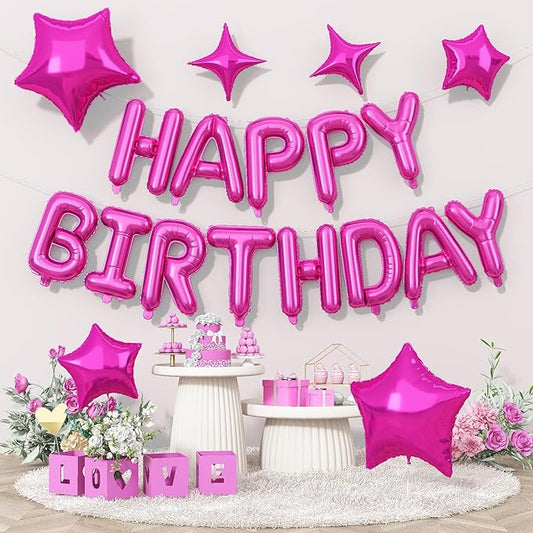 Happy Birthday Balloon Banner Hot Pink, 16 Inch Mylar Foil Letter Balloons, Reusable Birthday Decorations with Rose Red Hot Pink Star Foil Balloons, Inflatable Party Supplies for Women Girls Decor