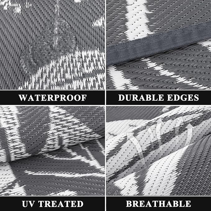 Pauwer Waterproof Outdoor Rug 6x9, Reversible Plastic Straw Patio Camping Rug, Indoor Outdoor RV Mat Carpet for Deck, Camper, Porch, Balcony, Backyard, Picnic, Floral Grey