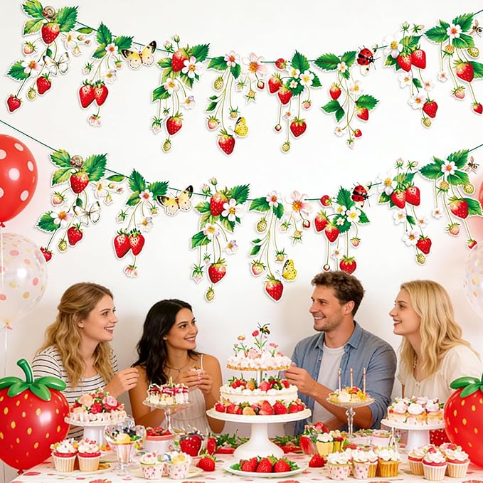Strawberry Garland Banner Berry First Birthday Decor Strawberry Wildflower for Spring Enchanted Garden Party Strawberry Theme Birthday Decoration for Girl Sweet Baby Shower Spring Garden Tea Party(8.2ft)