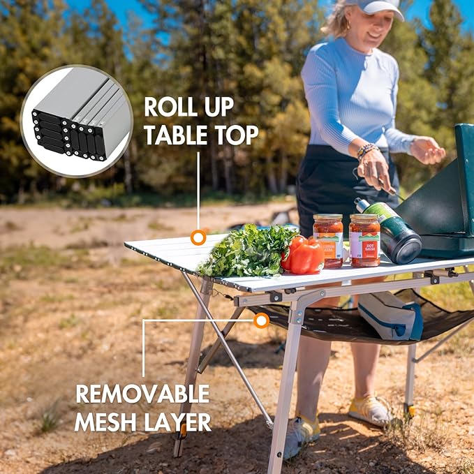 Portal Camping Table Portable Foldable with Adjustable Legs, Aluminum Folding Table Roll Up Table with Carrying Bag for Outdoor, Beach, Picnic, Backyards, BBQ and Party, Silver, Big