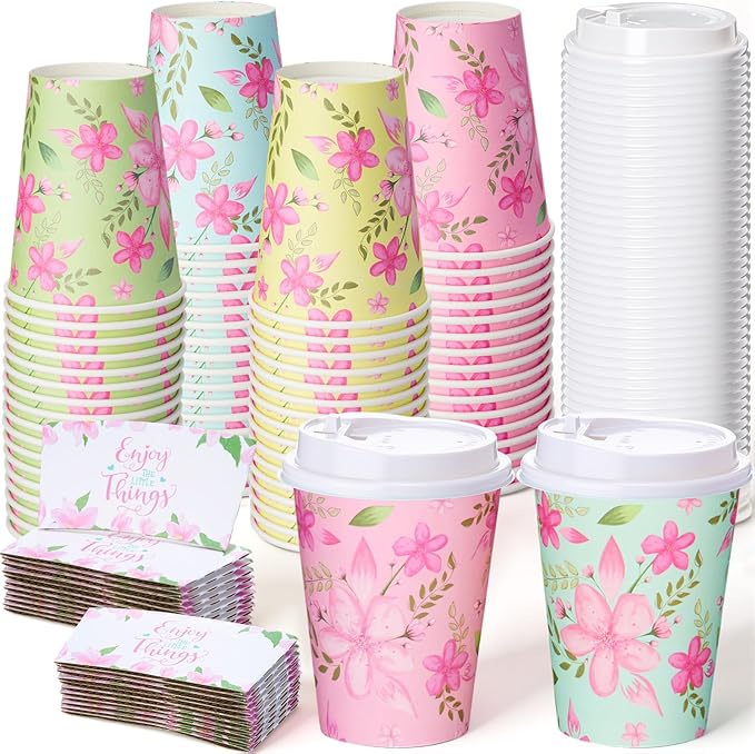 LemonRoad 48 Sets 12 oz Floral Paper Disposable Coffee Cups with Lid, Sleeves, 4 Color Spring Cute Flower Designs Cups Party Supplies for Tea Hot Drink Cold Beverage Cocoa(Colorful Flower)