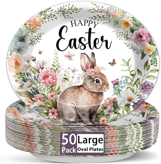 Qyeahkj 50 PCS Happy Easter Oval Paper Plates Large 11”Disposable Vintage Bunny Rabbit Flower Party Decorations Rabbit Flower Supplies Favor for Spring Holiday Easter Party Tableware Set