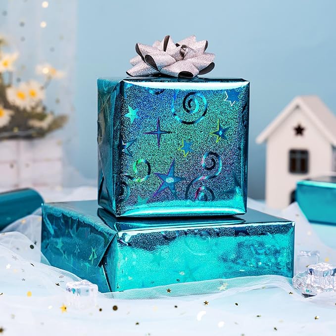 Burymento Blue Wrapping Paper, Metallic Holographic Star Gift Wrap with Shining Design for Birthday, Valentines, Mothers day, Graduation, Wedding, Fathers day, Baby Shower, Christmas (17 IN x 32.8 FT)