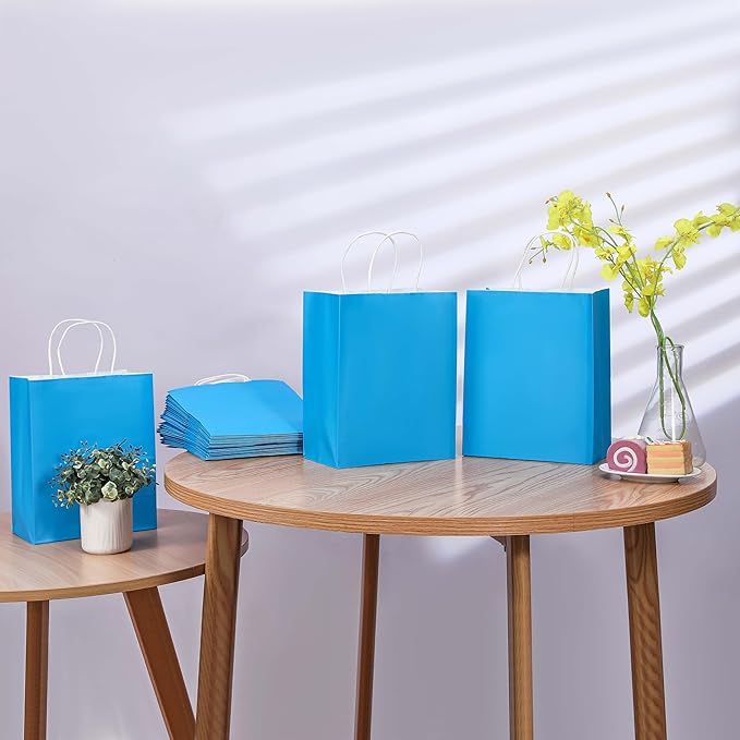 SUNCOLOR 25 Pack Blue Gift Bags with Handles, 8x4.5x10 Inch Medium Kraft Paper Bags for Shopping, Party Favors, Baby Showers, Retail