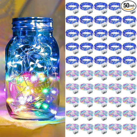 50 Pack Fairy Lights 7Ft 20 LED Twinkle String Lights Battery Operated Waterproof Firefly Starry for Mason Jar Party Wedding Christmas Valentines Day,Rainbow + Blue