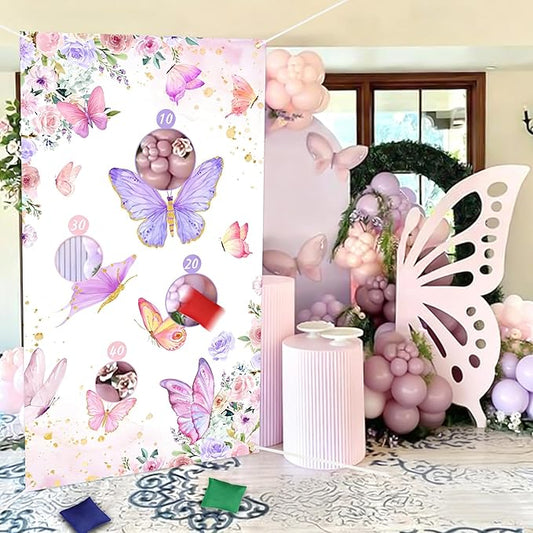 Serencatcher Butterfly Toss Game Banner with 3 Bean Bags Butterfly Bean Bag Toss Games Backdrop for Butterfly Party Games Butterfly Themed Birthday Baby Shower Party Decorations Favors