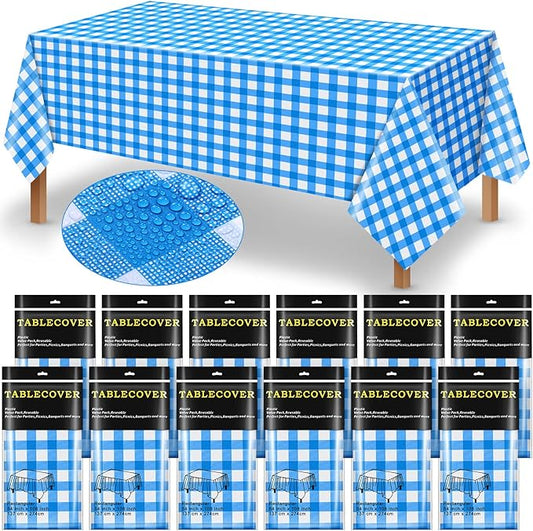 12 Pieces Plastic Checkered Tablecloth Gingham Tablecloth Rectangle Disposable Plaid Table Cloth 54 x 108 Inch 8 Foot Waterproof Picnic Table Covers for Barbecue Holiday Birthday Party(Blue Checkered)