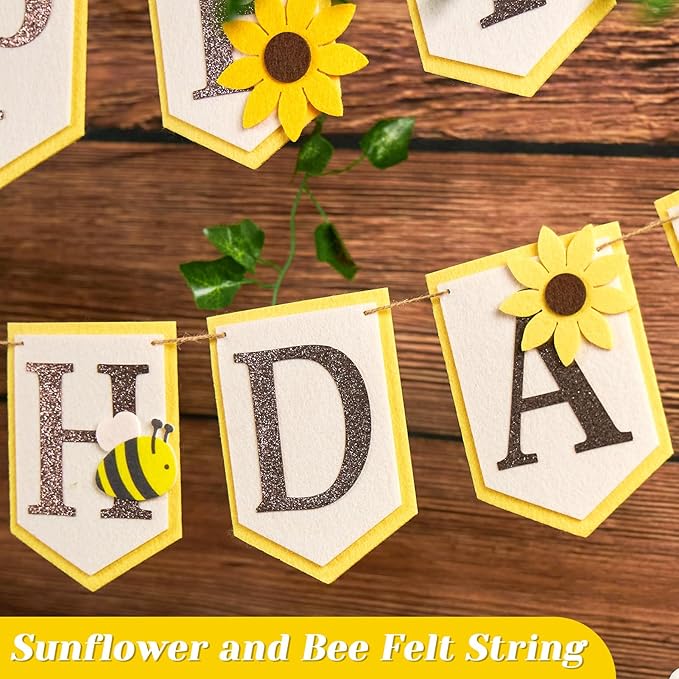 SUNBEAUTY Bee Birthday Party Decorations Bumble Bee Felt Happy Birthday Banner with Sunflower Garland Banner Hanging HoneyBee Decorations for Party Baby Shower Garden Spring Summer(8.2ft)
