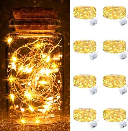 pozzolanas 8 Pack Warm White Fairy Lights Battery Operated 3 Modes 7FT 20 LED Waterproof String Lights Twinkle Silver Wire for Mason Jars Wedding Christmas Halloween Party Decor (8, Warm White)