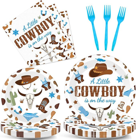 gisgfim 96Pcs Cowboy Baby Shower Plates and Napkins Party Supplies Western Cowboy Party Birthday Tableware Set A Little Cowboy is on the Way Party Decorations for Boy Baby Shower Serves 24