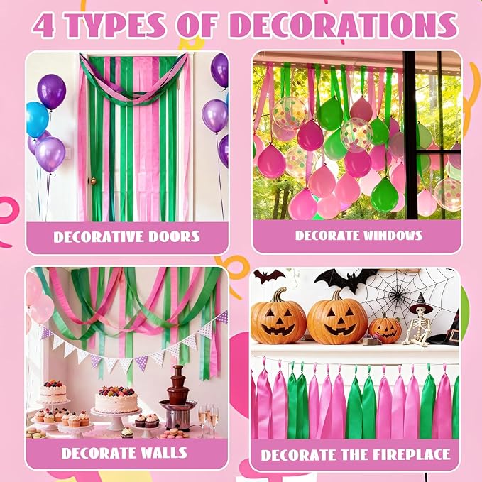 Pink and Green Crepe Paper Streamers 8 Rolls 32ft, Witch Theme Party Supplies Birthday Baby Shower Wedding Decorations