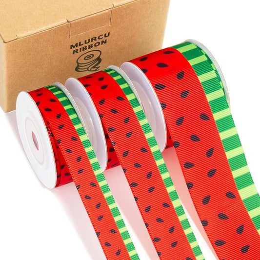 Watermelon Ribbon 3 Rolls Fruit Print Grosgrain Ribbons 5/8", 7/8", 1.5", Watermelon Printed Ribbon for Summer Crafts, Gift Wrapping, Wreaths, Garlands, Party Decorations