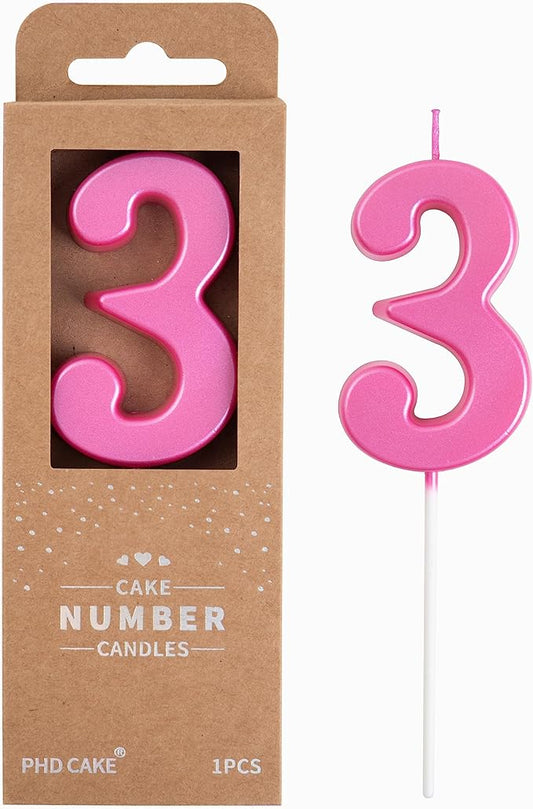 PHD CAKE 2.76 Inch Modern Pink 3 Number Birthday Candles, Pink Number Candles, Cake Number Candles, Party Celebration