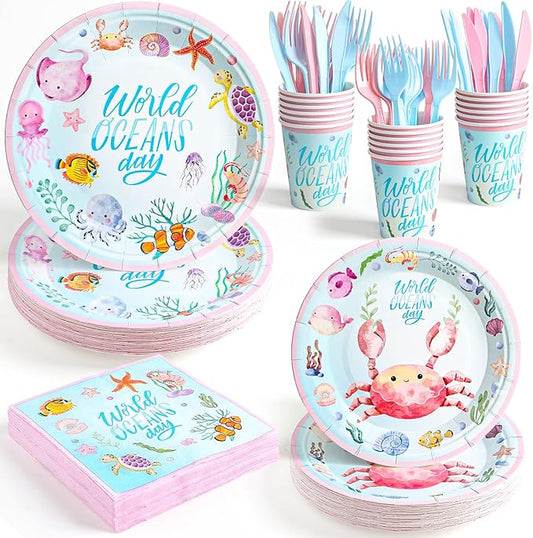 144Pcs Under the Sea Animal Birthday Party Supplies Decorations Paper Plates Napkins Vintage Party Tableware Disposable Pink Ocean Dinnerware Set for Kids Birthday Baby Shower Table Decor, Serve 24