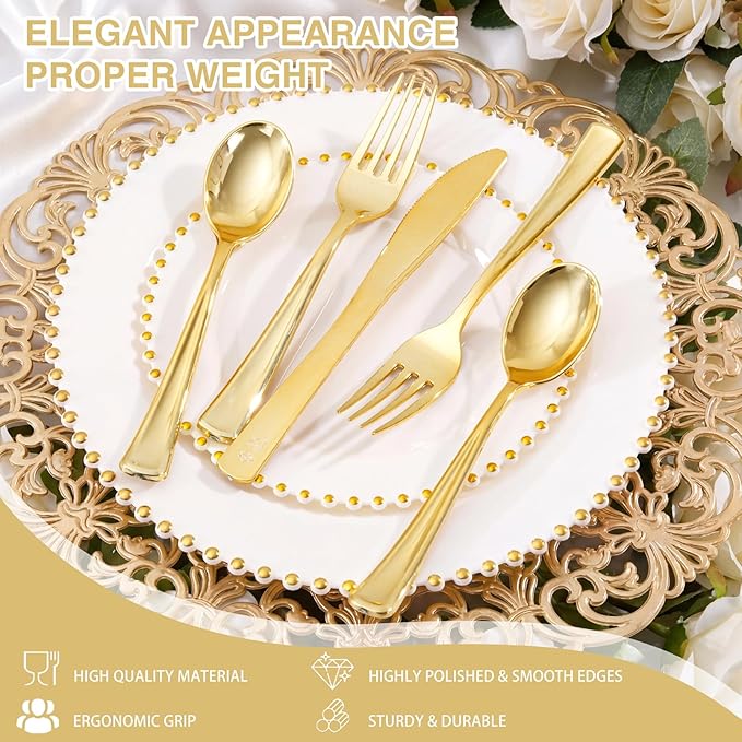 Supernal 360pcs Gold Plastic Silverware Heavy Duty Disposable Cutlery Gold flatware Sets Include 120 Forks, 120 Knives, 120 Spoons, Suitable for Party, Birthday, Wedding