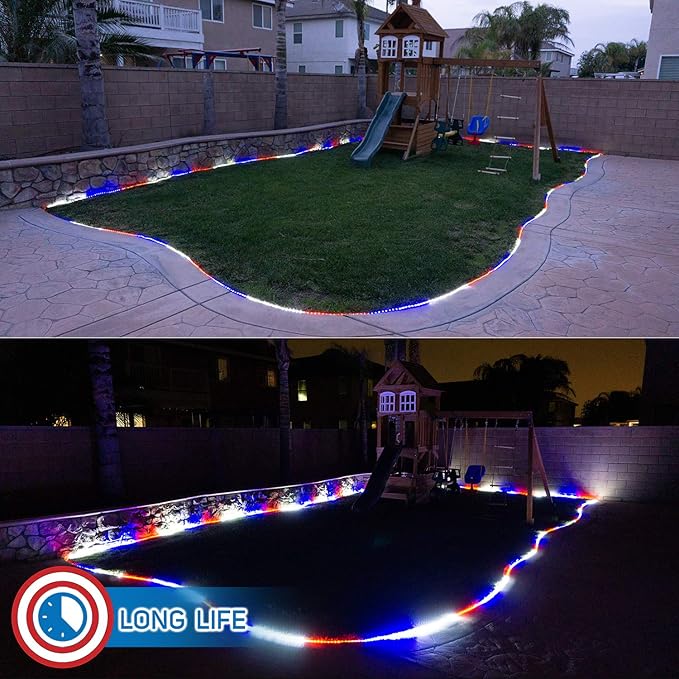 Russell Decor 60ft Red White Blue LED Rope Lights with Patriotic Lights with 4-Level Dimmable Controller Outdoor for Patriotic 4th of July Memorial Day Decor Patio Deck Flexible Lights