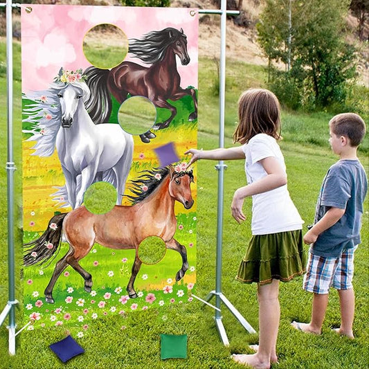 Horse Toss Games with 3 Bean Bags Pink - Horse Birthday Party Games Include Horse Toss Game Banner and Bean Bags for Girls Adults, Western Cowgirl Theme Birthday Party Indoor Outdoor