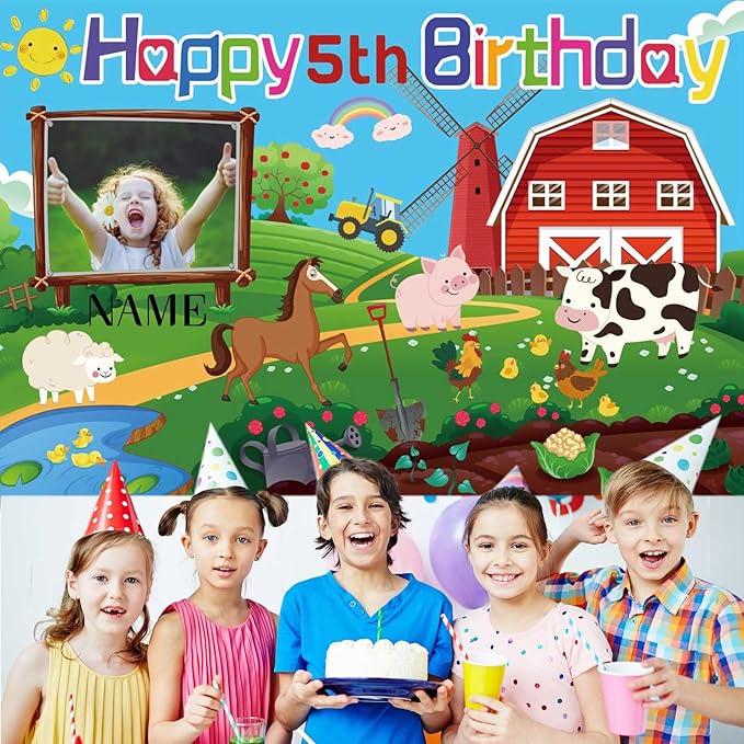Custom Farm Animal Happy Birthday Party Decorations Supplies Personalized Farm Animal Barn Cow Farmhouse Birthday Backdrop Banner(5x7.5ft)