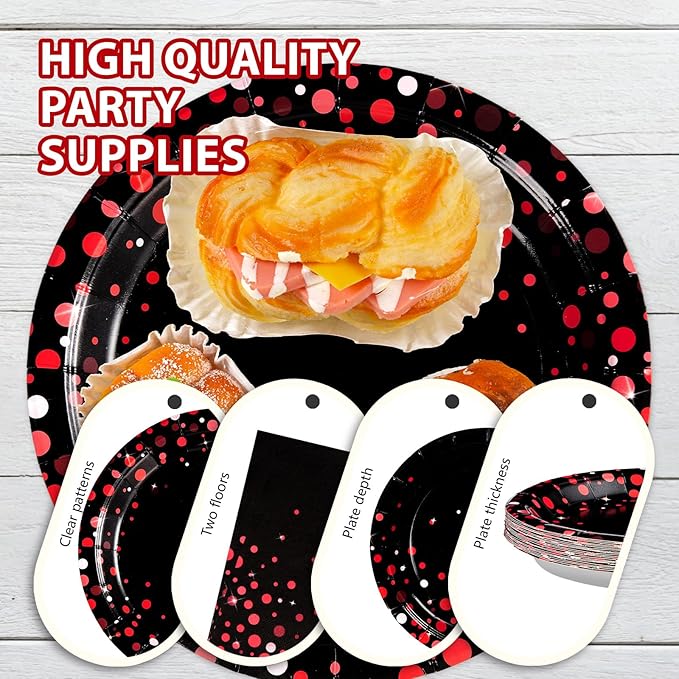 Grencian 200Pcs Black and Red Party Decorations Graduation Red Dot on Black Plates and Napkins Disposable Stranger Tableware Set for Congrats Grad Birthday Wedding Baby Shower Party Supplies Serves 50