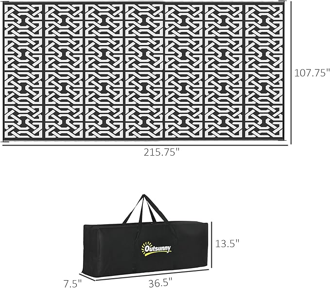 Outsunny Outdoor Rug for Patio, 9' x 18' Waterproof Large Mat, Reversible Plastic Straw Rug for Decor, Portable Outside RV Camping Area Carpet Mat for Backyard Porch Deck Picnic, Black & White Chain