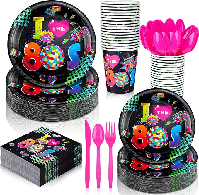 Yungyan 252 Pcs Retro 80s Plates and Napkins Set I Love the 1980s Party Decorations Back to the 80s Napkins Plates Cups Knives Spoons Forks 1980s Neon Party Tableware Supplies Serves 36 Guests
