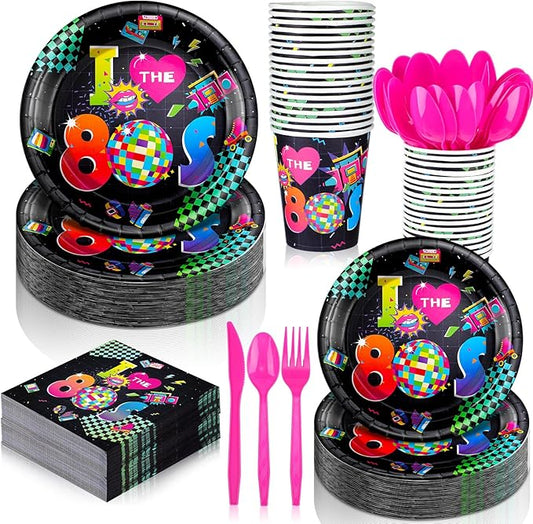 Yungyan 252 Pcs Retro 80s Plates and Napkins Set I Love the 1980s Party Decorations Back to the 80s Napkins Plates Cups Knives Spoons Forks 1980s Neon Party Tableware Supplies Serves 36 Guests