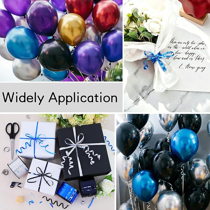 BEISHIDA 3 Pack 100 Yards Blue Black Silver Curling Crimped Glitter Ribbon Balloon String Shiny Metallic Gift Wrapping Ribbon for 2026 Graduation Retirement Birthday Baby Shower Party Decoration