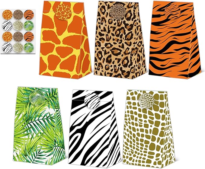 24 Pcs Animal Print Goodie Bags Wildlife Print Gift Bags with Stickers -Wild Life Animal Themed Birthday Party Favor Bags, Leopard Tiger Zebra Giraffe Pattern for Animal Themed for Party Decoration Supplies
