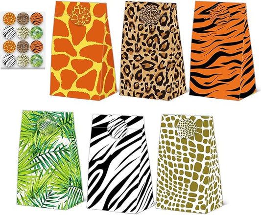 24 Pcs Animal Print Goodie Bags Wildlife Print Gift Bags with Stickers -Wild Life Animal Themed Birthday Party Favor Bags, Leopard Tiger Zebra Giraffe Pattern for Animal Themed for Party Decoration Supplies