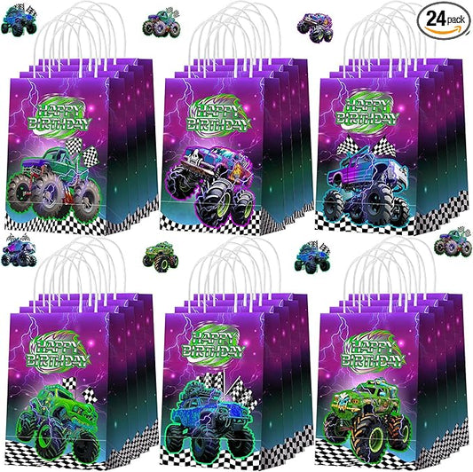 Kolldenn 24pcs Monster Truck Birthday Party Paper Bags with Handles Monster Truck Candy Bags Green Purple Racing Car Theme Decorations for Kids Boys Gift Goodie Birthday Party Favor, 8.6 x 6.3 Inch