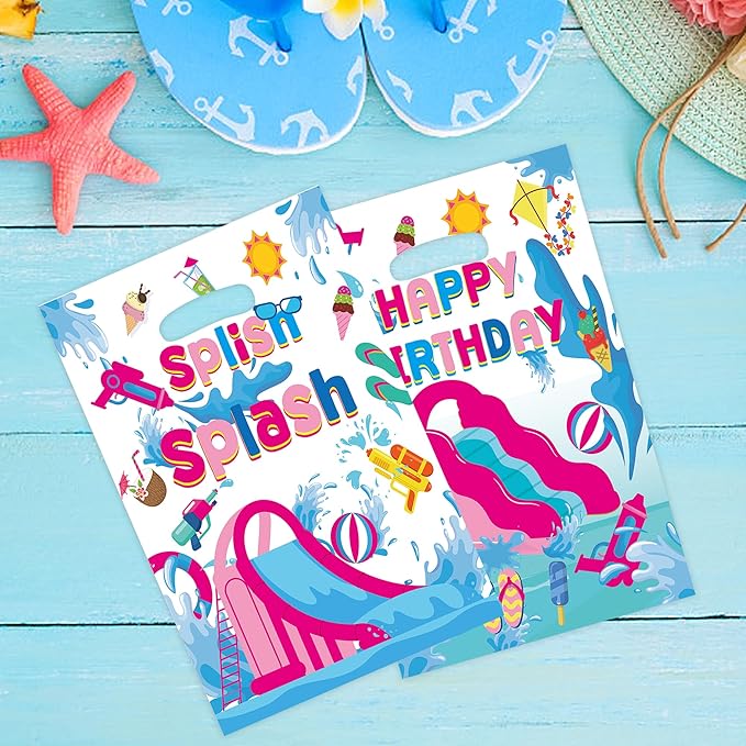 MOIZYNG 50Pcs Splish Splash Summer Birthday Gift Bags with Handles, Pink Splish Splash Happy Birthday Plastic Candy Treat Goodie Bags for Summer Pool Party Favors Supplies