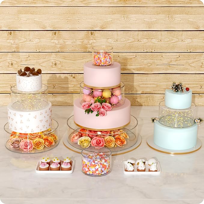 NPPLUS 3PCS Clear Acrylic Cake Stand, Fillable Cake Box Riser Cake Tier, Round Cake Display Box with Lid, Decorative Centerpiece Box for Wedding Birthday Party (14" Dx4 H,10" Dx4 H,6" Dx4 H)