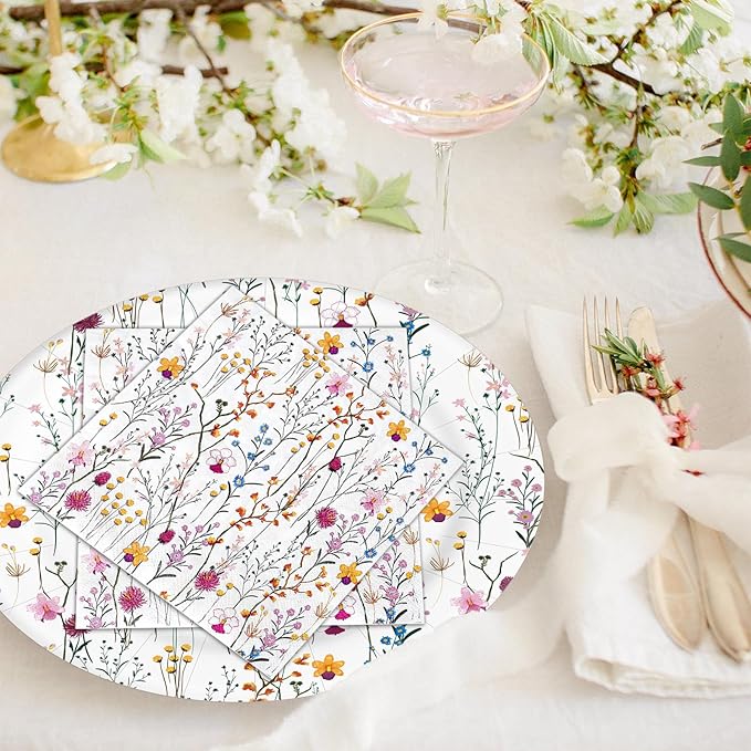 Whaline 100pcs Floral Party Supplies Kit Serves 50 Wildflower Paper Plates and Napkins Flower Disposable Tableware Decorative Dinnerware Set for Spring Picnic Wedding Birthday Baby Shower Party