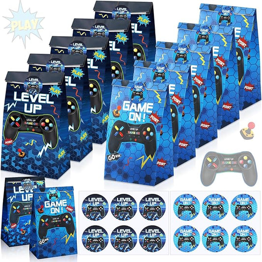 Geosar 30 Pack Video Game Party Favor Paper Bags Game on Goodie Candy Gift Bags with 30 Stickers Level up Reusable Goodie Treat Snacks Supplies for Boys Kids Gaming Birthday Party(Blue)