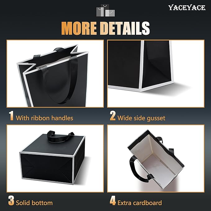 Black Gift Bags Bulk, 10Pcs 8"x4.25"x10.5" Black Paper Gift Bags with Ribbon Handles,Medium Gift Bags,Party Bags,Birthday Bags,Boutique Bags