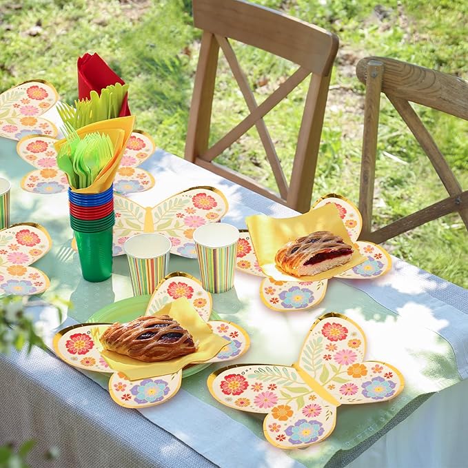 FYSUIMU 24 Pcs Floral Butterfly Paper Plates Gold Foil Flower Disposable Plates Butterfly Shape Party Tableware for Spring Wedding Birthday Table Decor Supplies