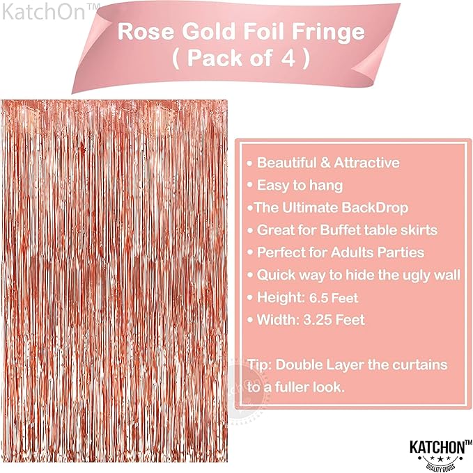 KatchOn, Rose Gold Fringe Curtain - Pack of 4 | Rose Gold Backdrop for Bachelorette Party Decor | Graduation Decorations 2025 | Fringe Backdrop for Rosegold Birthday Decorations