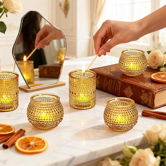 Rubtlamp Amber Votive Candle Holders Set of 24, 12Pack 2.1 * 2.7inch Glass Vintage Candles Holder 12Pack 2.1 * 2.1inch Tea Lights Candle Holders for Table Centerpiece Wedding Decor Home Decoration