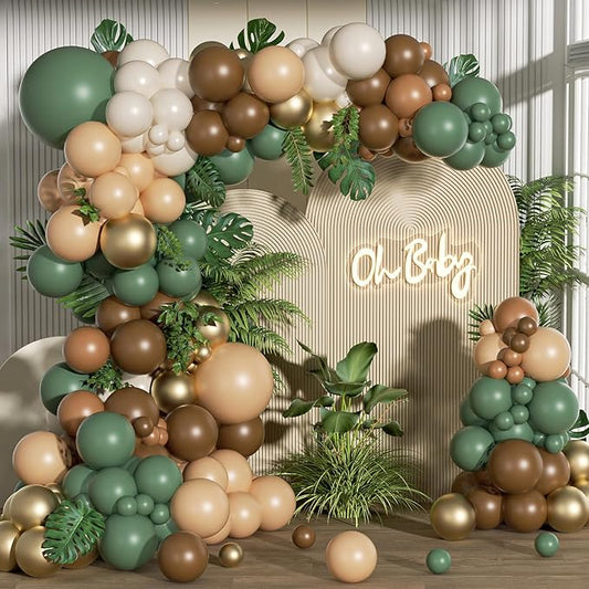 FOTIOMRG 152pcs Sage Green Brown Balloon Garland Kit, Jungle Safari Woodland Balloon Arch Kit with palm leaves artificial Ivy leaves for Two Wild One Birthday Wedding Baby Shower Party Decorations