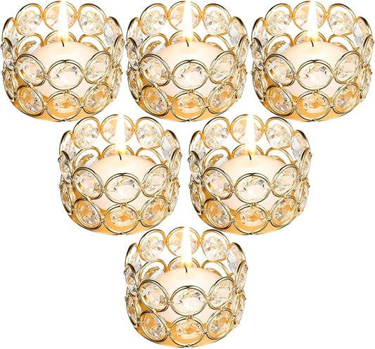 Potchen 6 Pieces Crystal Tealight Candle Holders Bulk, Votive Candle Holder Stands with Diamond Design for Table Centerpieces Wedding Party Home Decor and Holiday Favors (Gold)