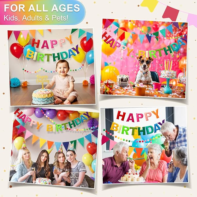 Pre-Strung Happy Birthday Banner & Felt Garland Set - Colorful Birthday Decorations for Women Men Boys Girls | Reusable Party Supplies for Indoor & Outdoor