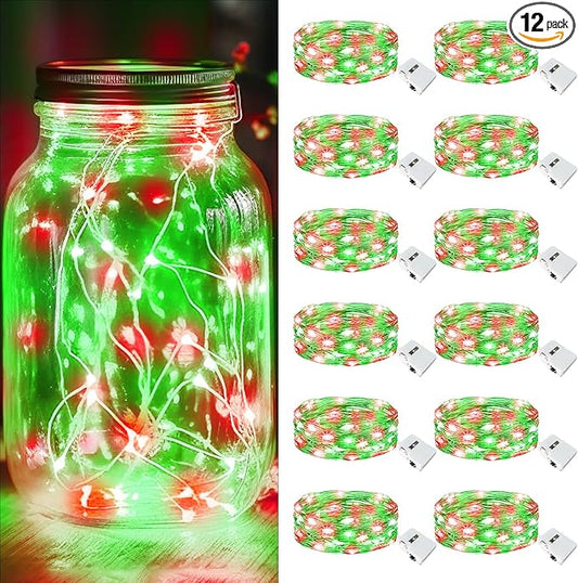 kolpop 12 Pack LED Fairy Lights Battery Operated with 3 Modes, Mini Twinkle String Lights Battery Powered Waterproof for Christmas Mason Jars Party(Red&Green)