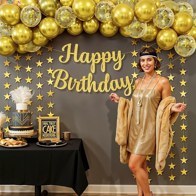 KatchOn, Gold Birthday Decorations Set – Pack of 53 | Glitter Happy Birthday Banner, Gold Star Garland and Confetti Balloons Arch Kit | Happy Birthday Decorations Women, Men | Happy Birthday Sign