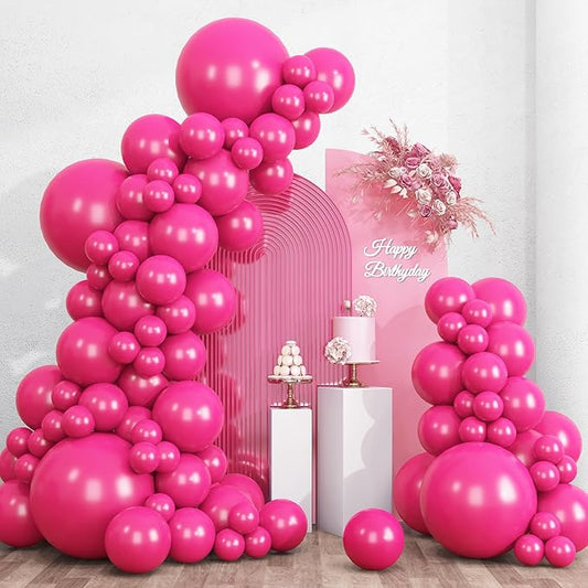 RUBFAC 135pcs Hot Pink Balloons Different Sizes 18 12 10 5 Inch for Garland Arch, Magenta Latex Balloon for Wedding Birthday Princess Theme Party Anniversary Decorations