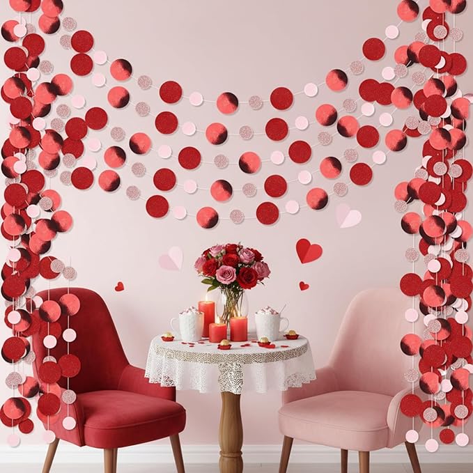 Outus 5 Pieces Red,Pink Round Dots Garland Graduation Party Hanging Decor Each Length 13.1ft Glitter Paper Dot Streamers for Birthday Wedding Classroom Supplies