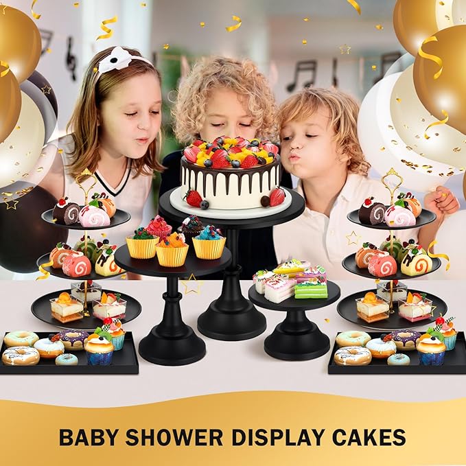 Tioncy 7 Pcs Cake Stand Set Metal Cupcake Holder Dessert Table Display Cupcake Display Plate Serving Platter Dessert Table Stands and Trays Set for Baby Shower Wedding Birthday Xmas Party (Black)