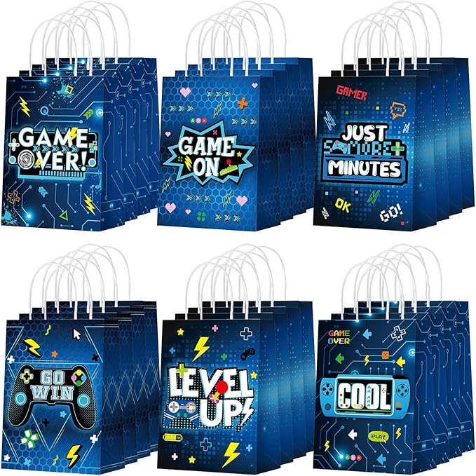 Yeaqee 24 Pcs Video Game Gift Bags Game Party Favor Goodie Candy Treat Gift Bags with Handle Gaming Paper Wrapping Bag for Kids Boys Birthday Party Supplies Gaming Themed Birthday Decoration